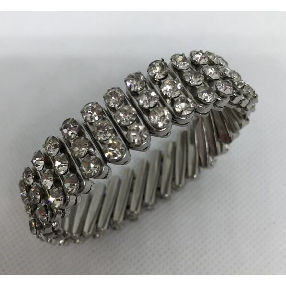 Vintage Three Row Clear Rhinestone Stretch Bracelet British Hong Kong - Picture 2 of 8